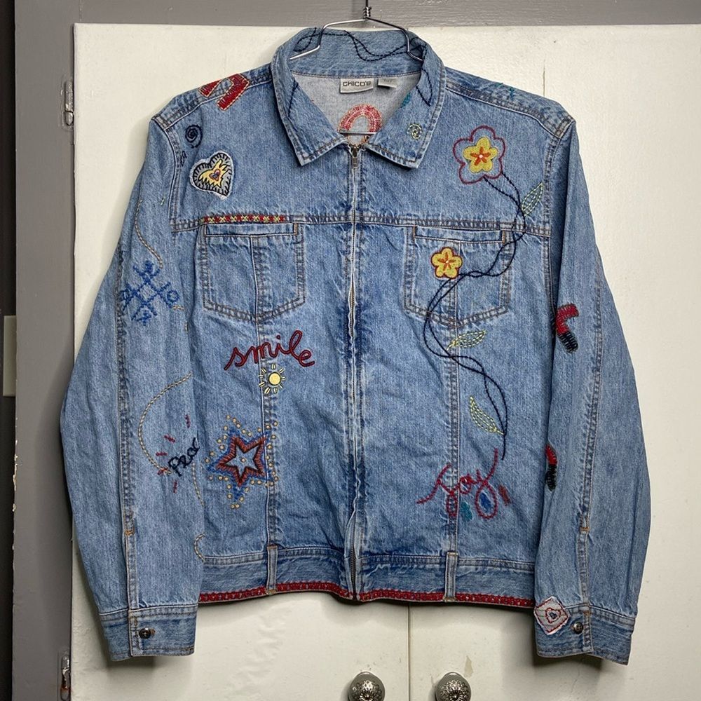 Chico's Sz 3 Jean Denim Art-to-Wear Floral Jacket embroidered full zip